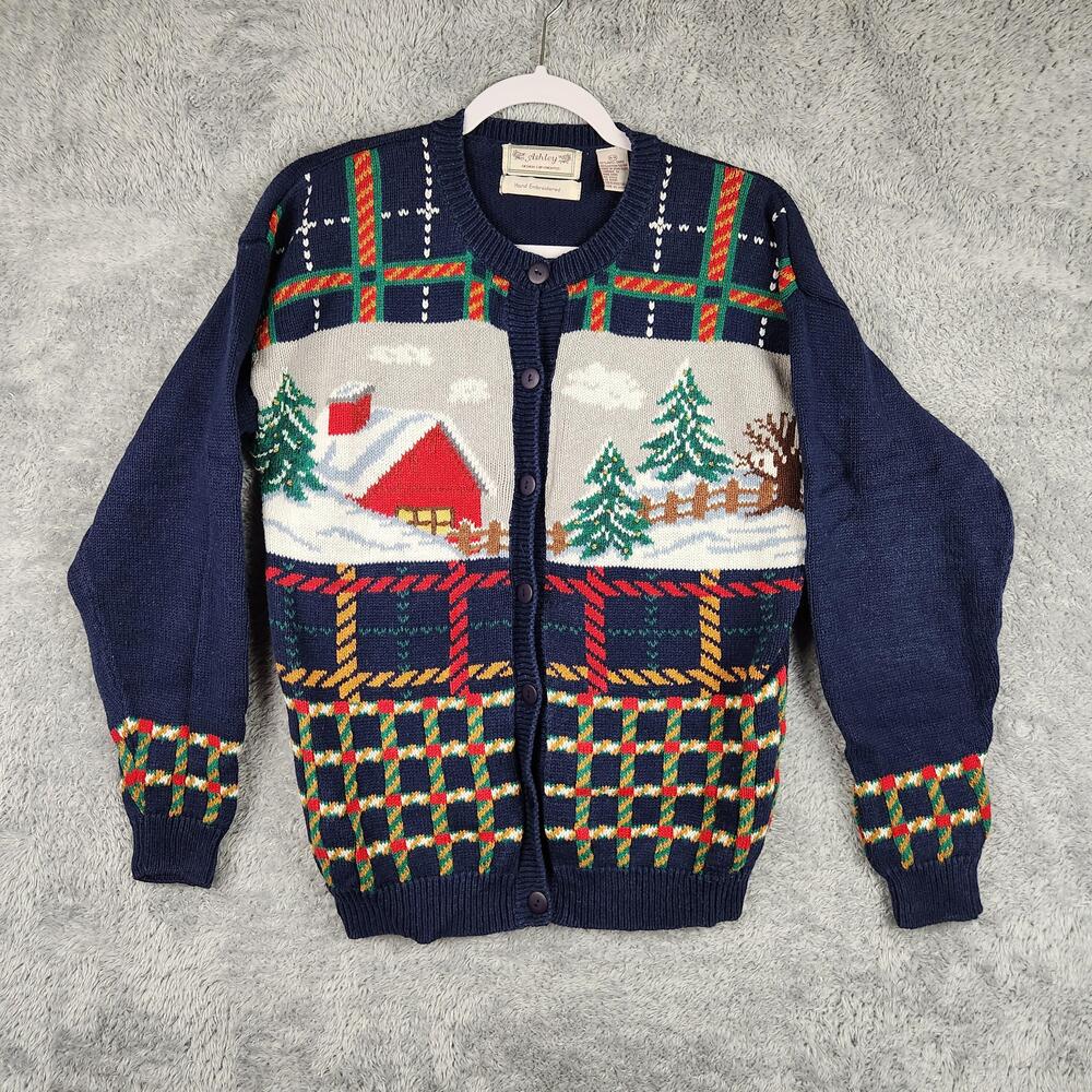 Vintage Ashley Cardigan Sweater Womens Medium Christmas 90s Hand Embroidered